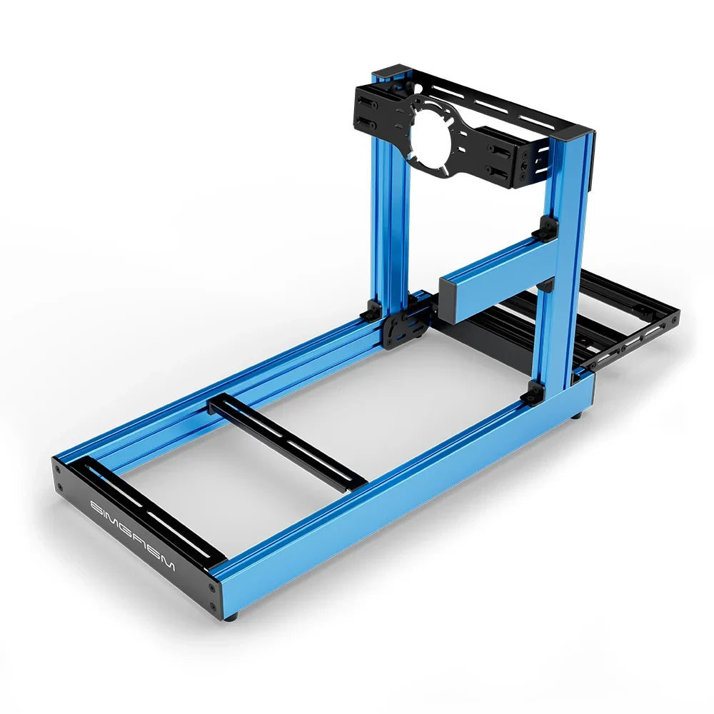 SIMGASM Club blue sim racing cockpit, front-mount wheel plate, shifter-side three-quarter studio view