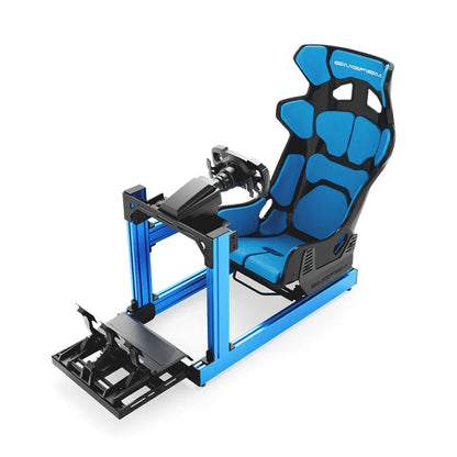 SIMGASM Club blue sim racing cockpit, blue GT seat and MOZA wheel base, elevated front studio view