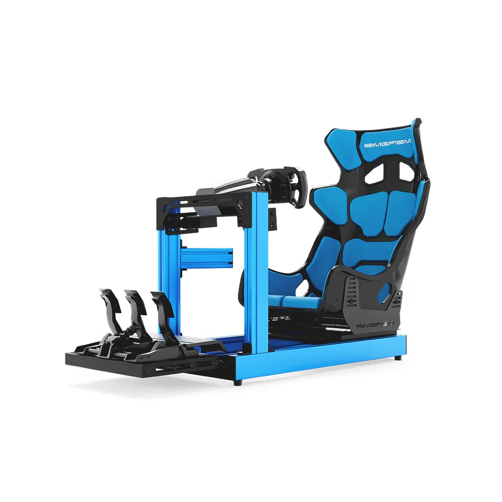 SIMGASM Club blue sim racing cockpit, blue GT seat and MOZA wheel base, front three-quarter studio view
