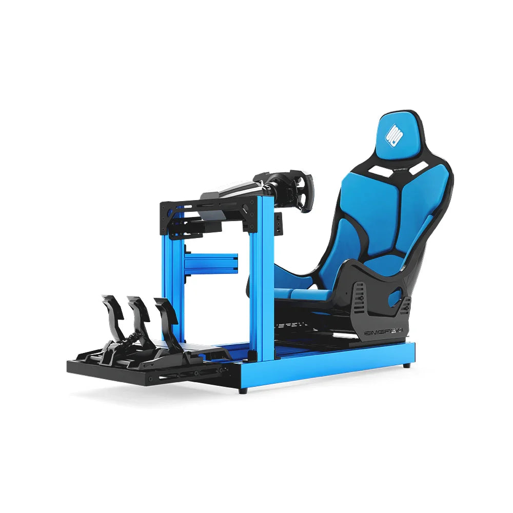 SIMGASM Club blue sim racing cockpit, blue Formula seat and MOZA wheel base, front three-quarter studio view