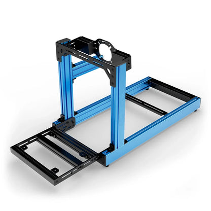 SIMGASM Club blue sim racing cockpit, front-mount wheel plate, pedal-end three-quarter studio view