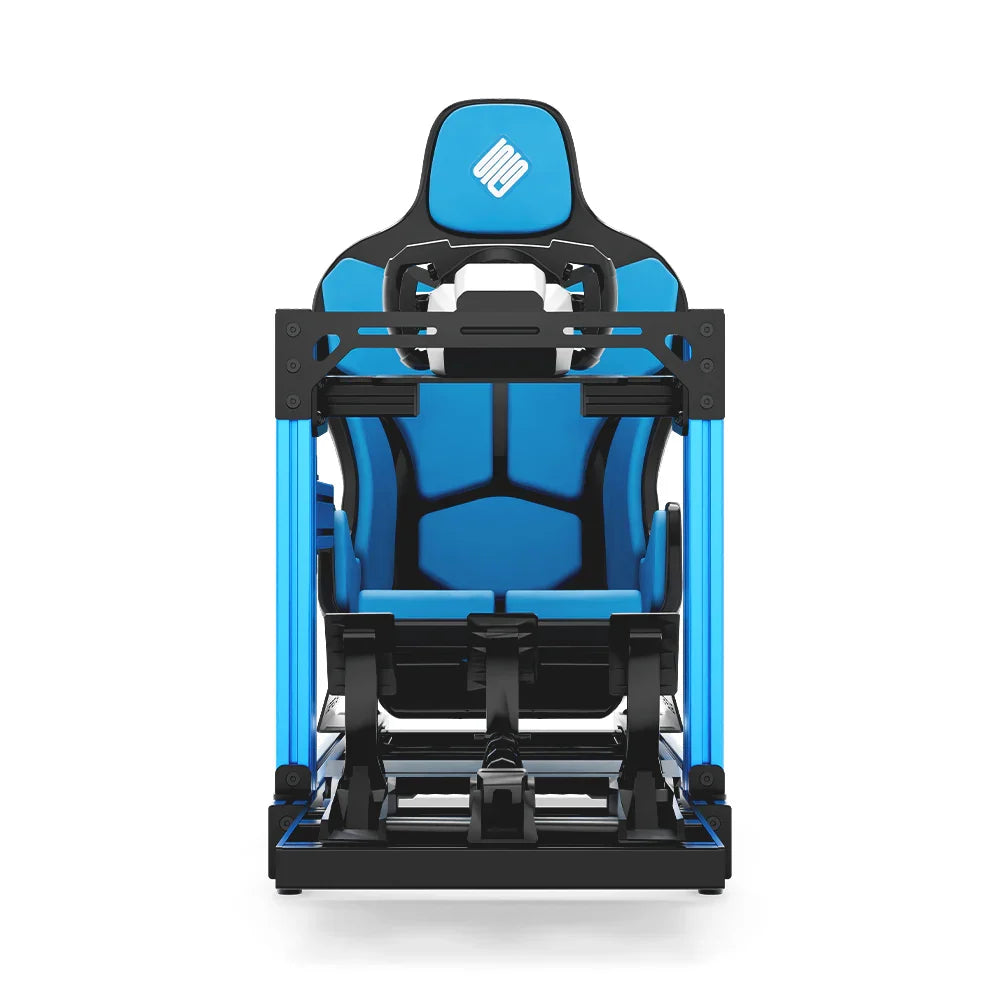 SIMGASM Club blue sim racing cockpit, blue Formula seat and MOZA wheel base, straight front studio view