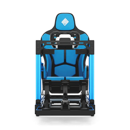 SIMGASM Club blue sim racing cockpit, blue Formula seat and MOZA wheel base, straight front studio view