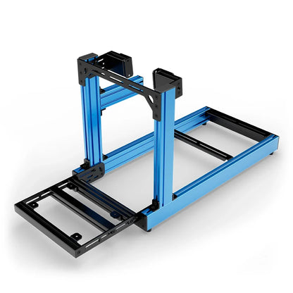 SIMGASM Club blue sim racing cockpit, side-mount wheel brackets, pedal-end three-quarter studio view