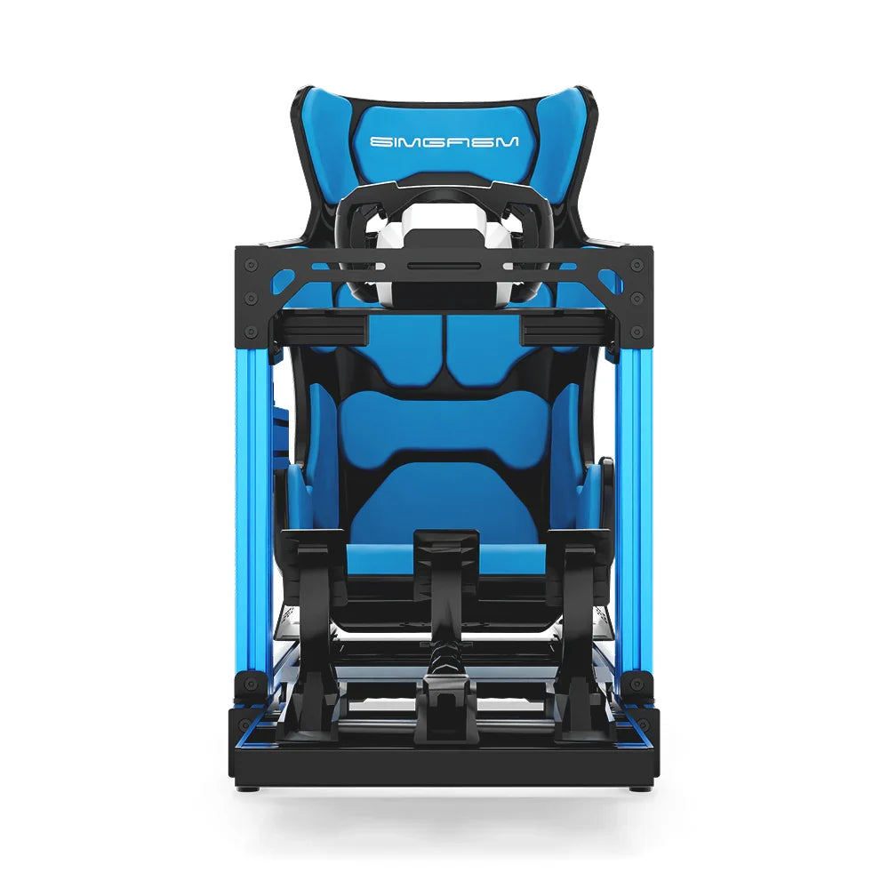 SIMGASM Club blue sim racing cockpit, blue GT seat and MOZA wheel base, straight front studio view