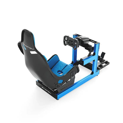 SIMGASM Club blue sim racing cockpit, blue Formula seat and MOZA wheel base, elevated rear studio view