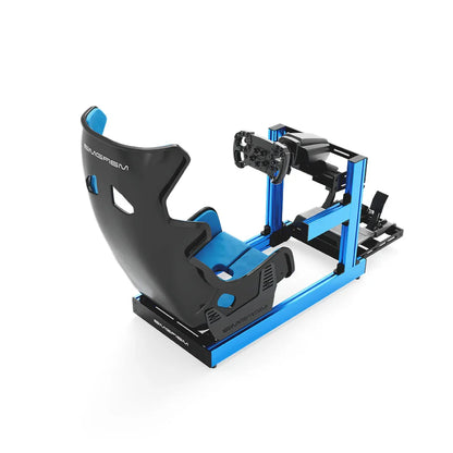 SIMGASM Club blue sim racing cockpit, blue GT seat and MOZA wheel base, elevated rear studio view