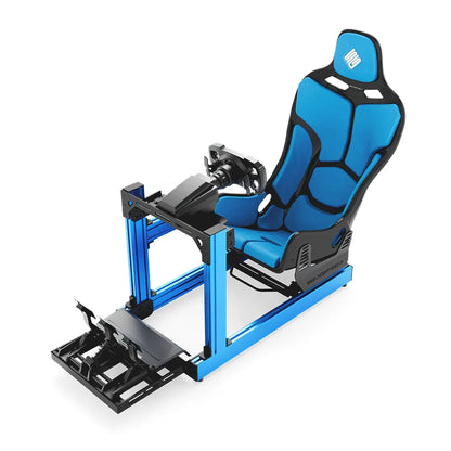 SIMGASM Club blue sim racing cockpit, blue Formula seat and MOZA wheel base, elevated front studio view