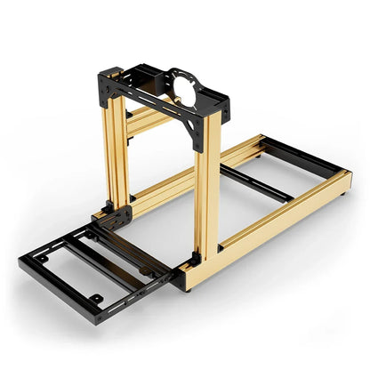 SIMGASM Club gold sim racing cockpit, front-mount wheel plate, pedal-end three-quarter studio view