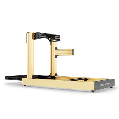 SIMGASM Club gold sim racing cockpit, bottom-mount wheel deck, side-profile studio view