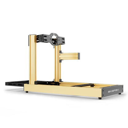 SIMGASM Club gold sim racing cockpit, front-mount wheel plate, side-profile studio view