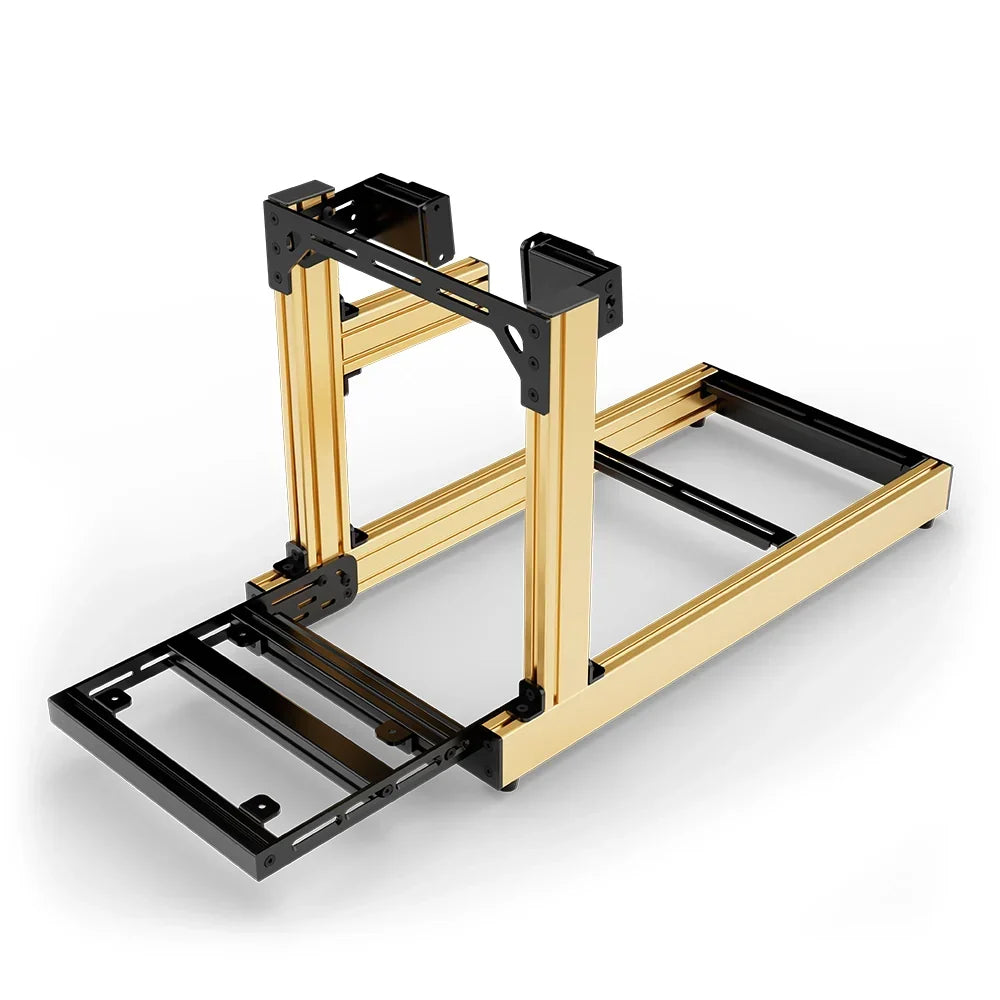 SIMGASM Club gold sim racing cockpit, side-mount wheel brackets, pedal-end three-quarter studio view