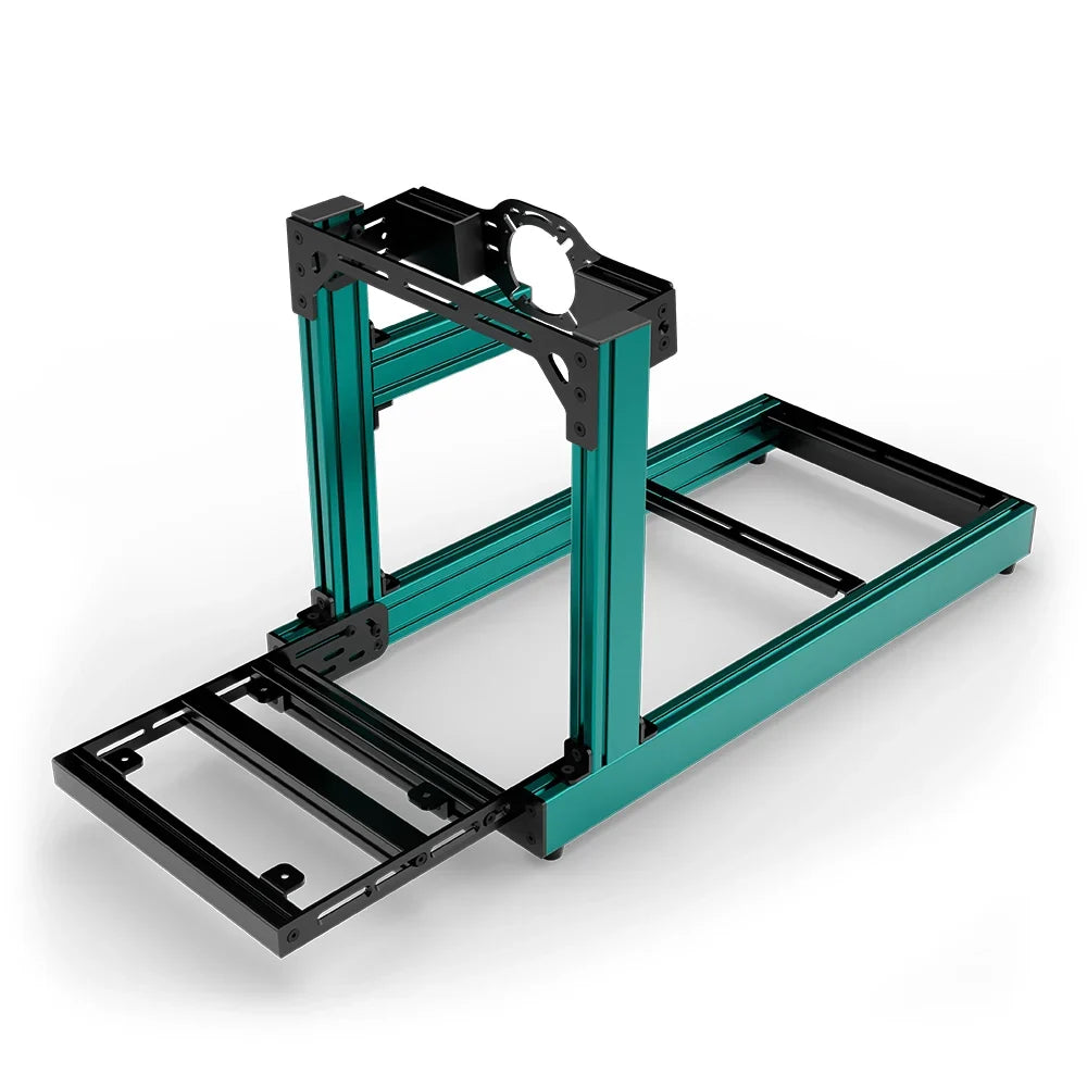 SIMGASM Club green sim racing cockpit, front-mount wheel plate, pedal-end three-quarter studio view