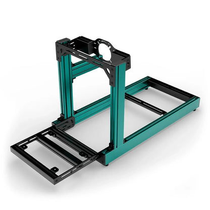 SIMGASM Club green sim racing cockpit, front-mount wheel plate, pedal-end three-quarter studio view