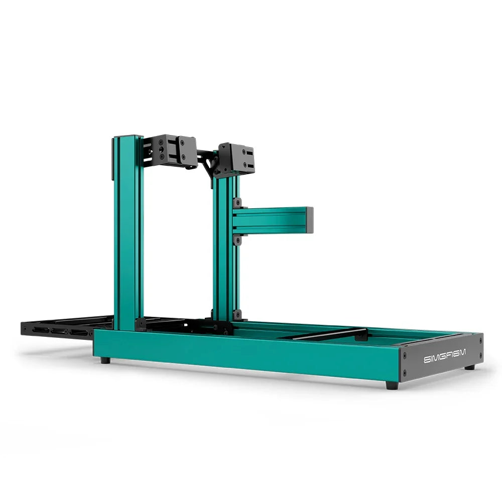 SIMGASM Club green sim racing cockpit, side-mount wheel brackets, side-profile studio view