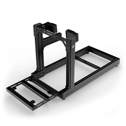 SIMGASM Club JPS sim racing cockpit, side-mount wheel brackets, pedal-end three-quarter studio view