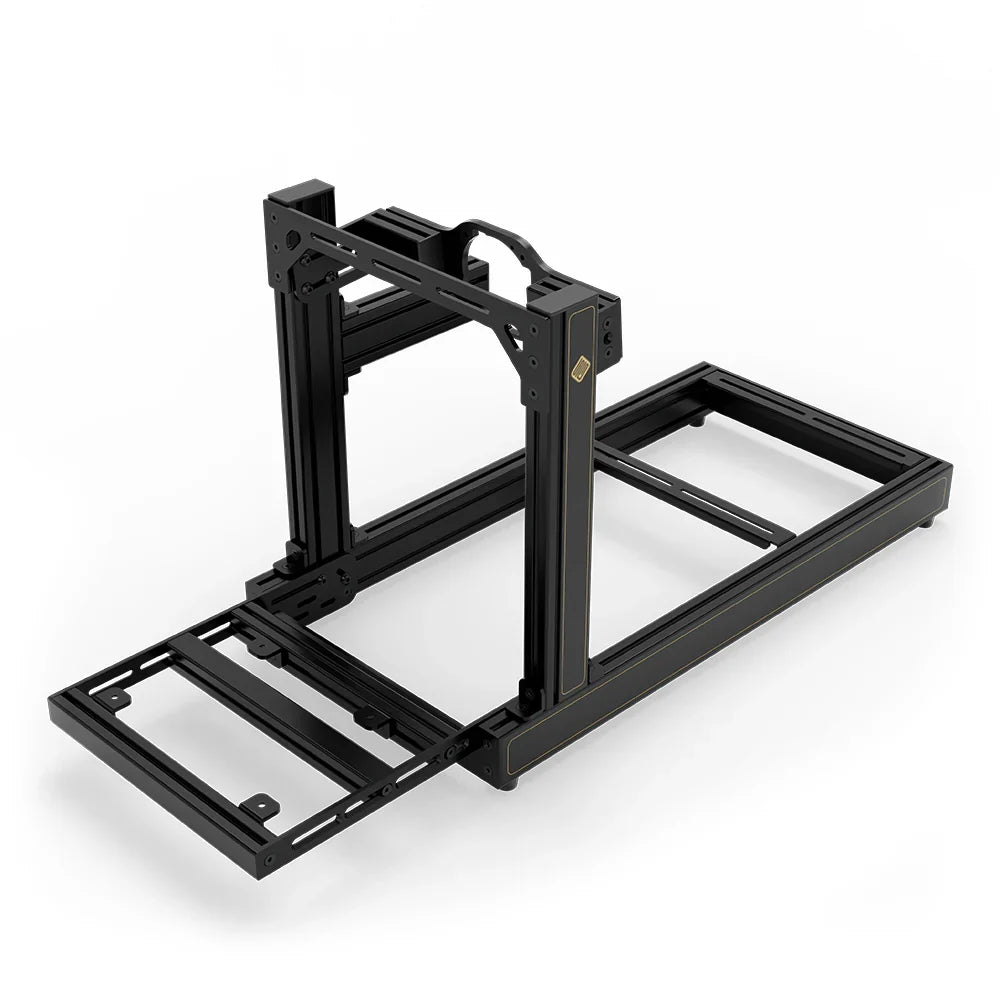 SIMGASM Club JPS sim racing cockpit, arched wheel-mount plate, pedal-end three-quarter studio view