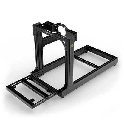 SIMGASM Club JPS sim racing cockpit, front-mount wheel plate, pedal-end three-quarter studio view