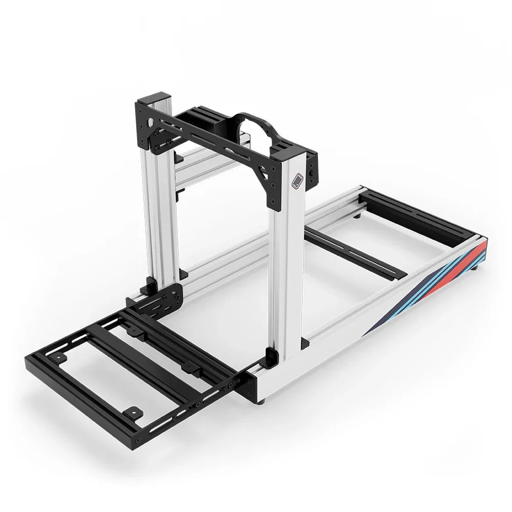 SIMGASM Club Marini sim racing cockpit, arched wheel-mount plate, pedal-end three-quarter studio view