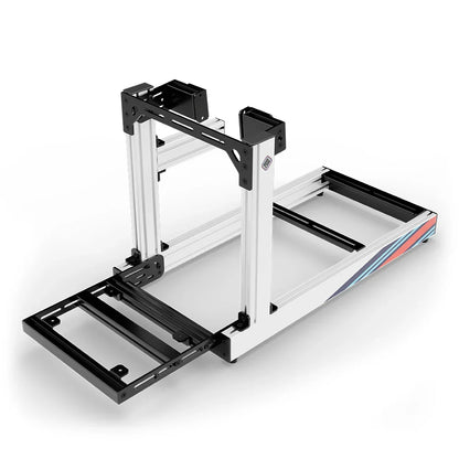 SIMGASM Club Marini sim racing cockpit, side-mount wheel brackets, pedal-end three-quarter studio view
