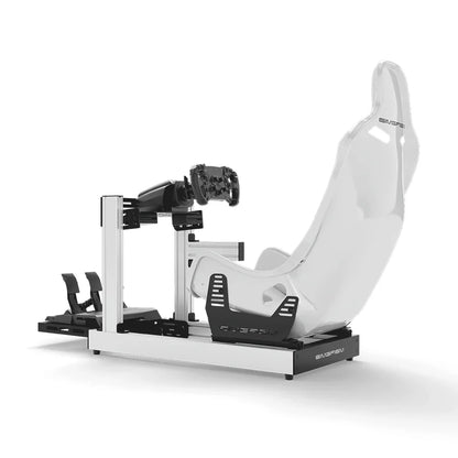 SIMGASM Club Marini sim racing cockpit, white Formula seat and MOZA wheel base, side studio view showing seat back