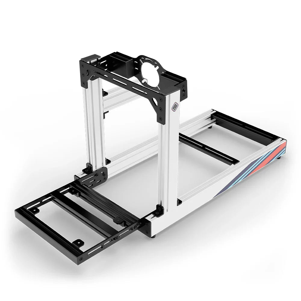 SIMGASM Club Marini sim racing cockpit, front-mount wheel plate, pedal-end three-quarter studio view