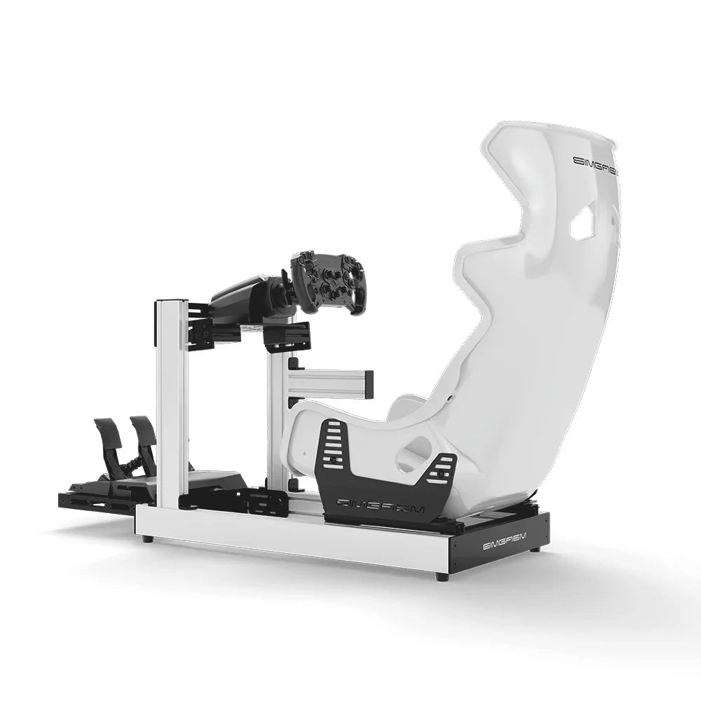 SIMGASM Club Marini sim racing cockpit, white GT seat and MOZA wheel base, side studio view showing seat back