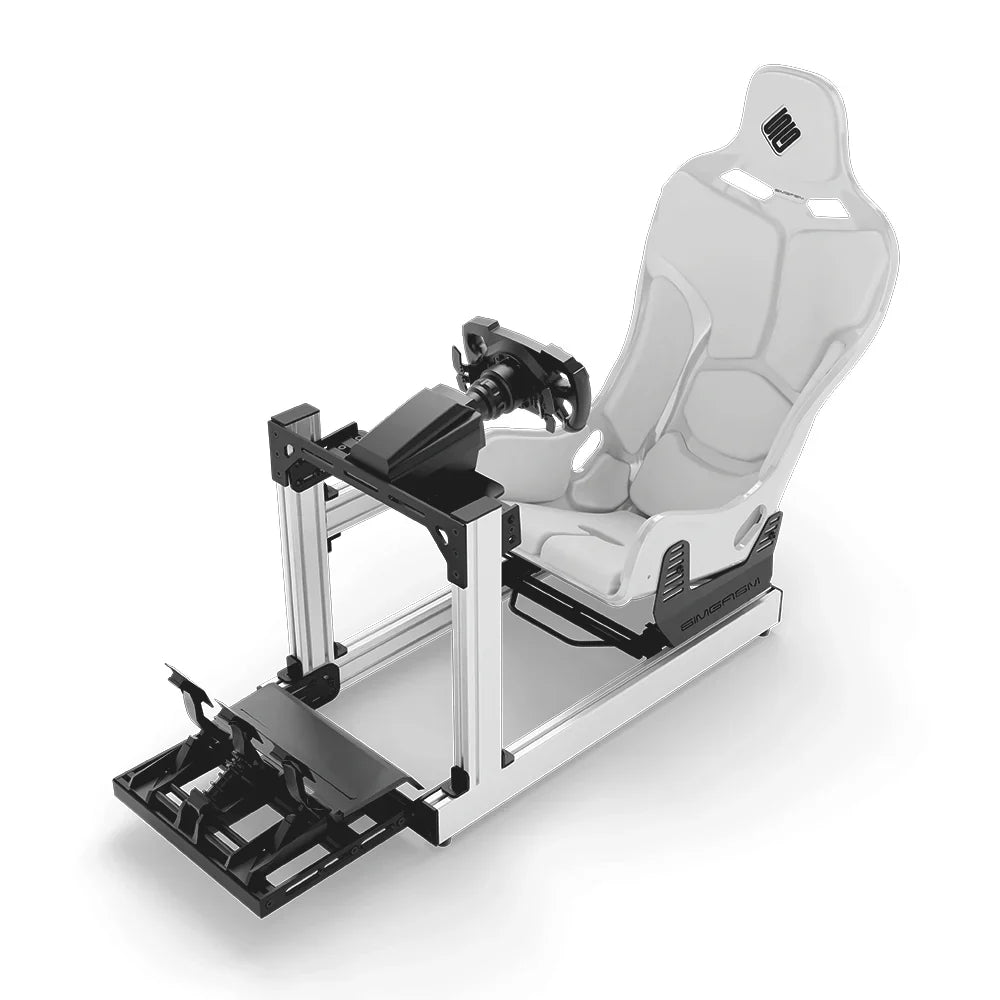 SIMGASM Club Marini sim racing cockpit, white Formula seat and MOZA wheel base, elevated front studio view