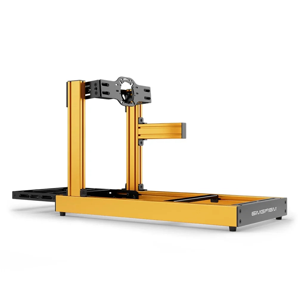 SIMGASM Club orange sim racing cockpit, front-mount wheel plate, side-profile studio view