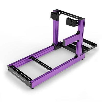 SIMGASM Club purple sim racing cockpit, side-mount wheel brackets, shifter-side three-quarter studio view