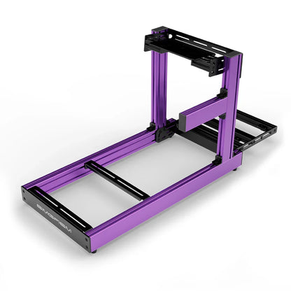 SIMGASM Club purple sim racing cockpit, bottom-mount wheel deck, shifter-side three-quarter studio view