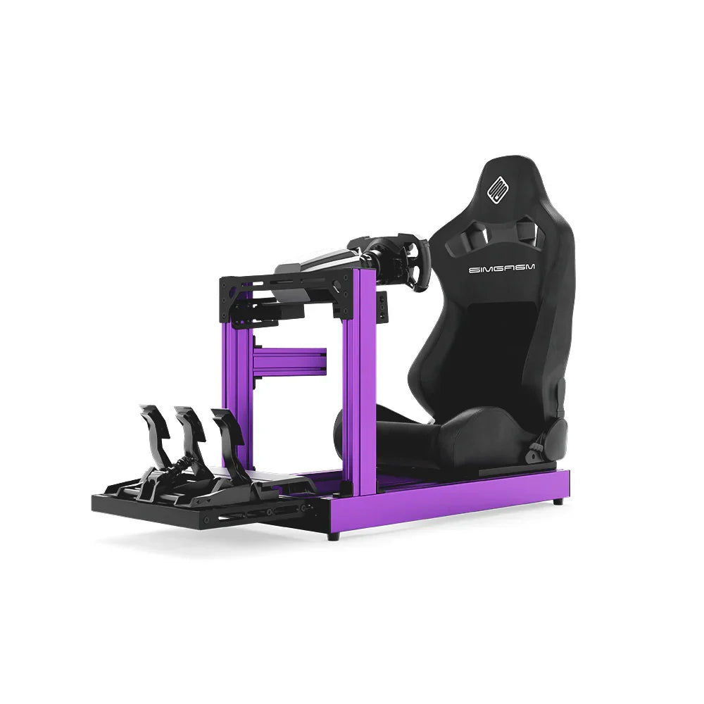 SIMGASM Club purple sim racing cockpit, black reclining seat and MOZA wheel base, front three-quarter studio view