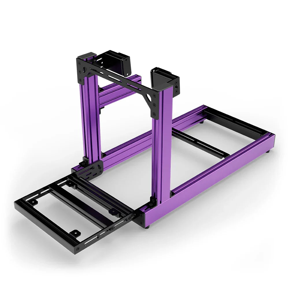 SIMGASM Club purple sim racing cockpit, side-mount wheel brackets, pedal-end three-quarter studio view