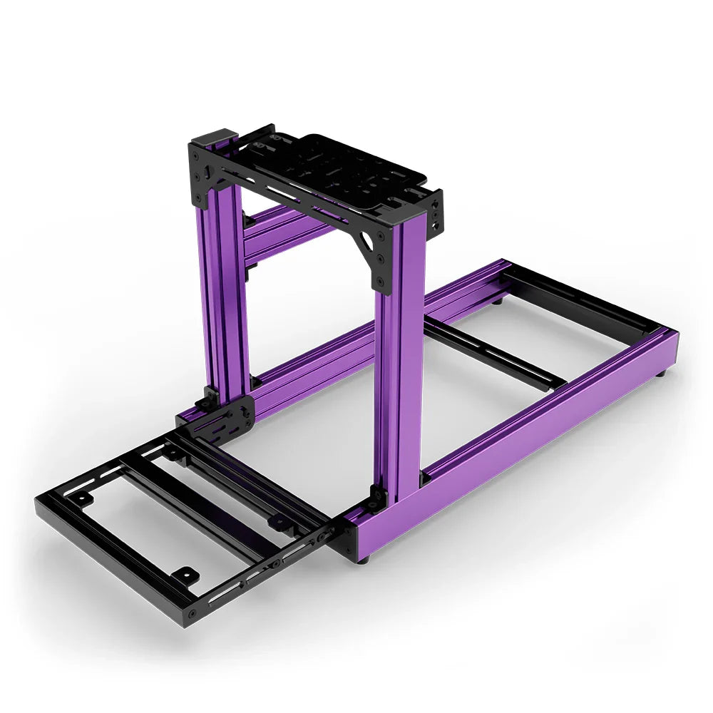 SIMGASM Club purple sim racing cockpit, bottom-mount wheel deck, pedal-end three-quarter studio view
