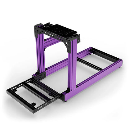 SIMGASM Club purple sim racing cockpit, bottom-mount wheel deck, pedal-end three-quarter studio view