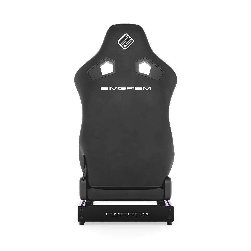 SIMGASM Club purple sim racing cockpit, black reclining seat, rear view of seat shell