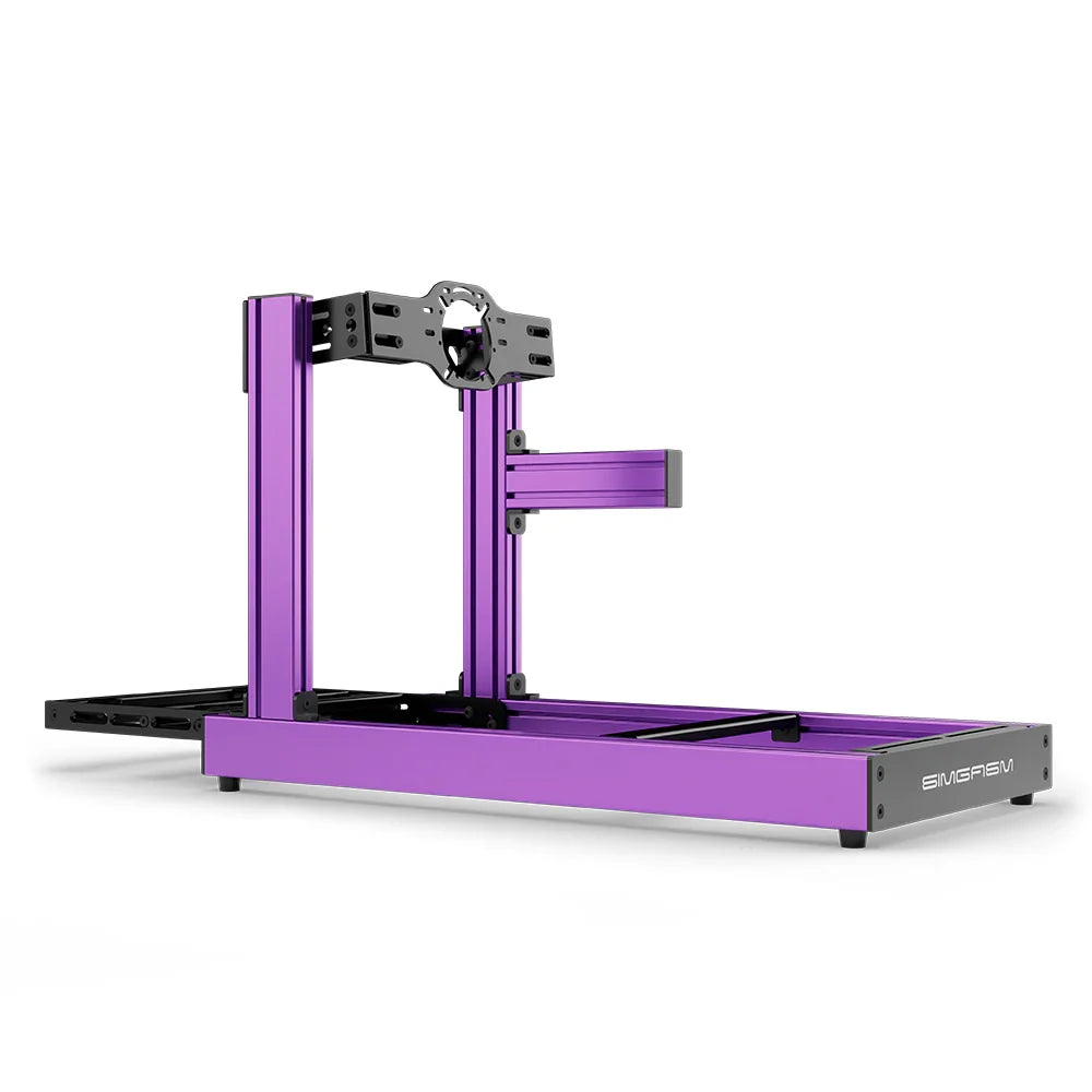 SIMGASM Club purple sim racing cockpit, front-mount wheel plate, side-profile studio view