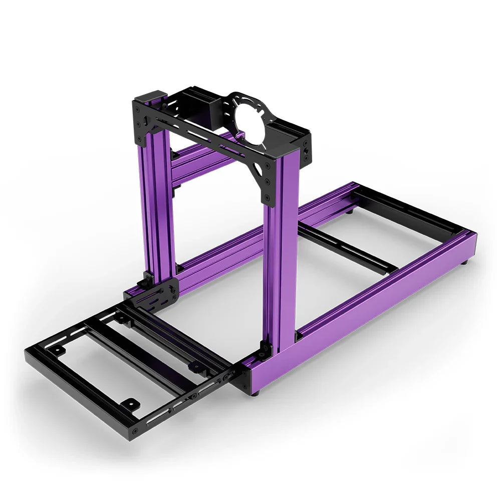SIMGASM Club purple sim racing cockpit, front-mount wheel plate, pedal-end three-quarter studio view