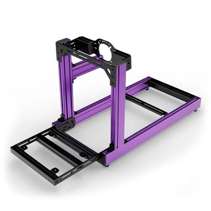 SIMGASM Club purple sim racing cockpit, front-mount wheel plate, pedal-end three-quarter studio view