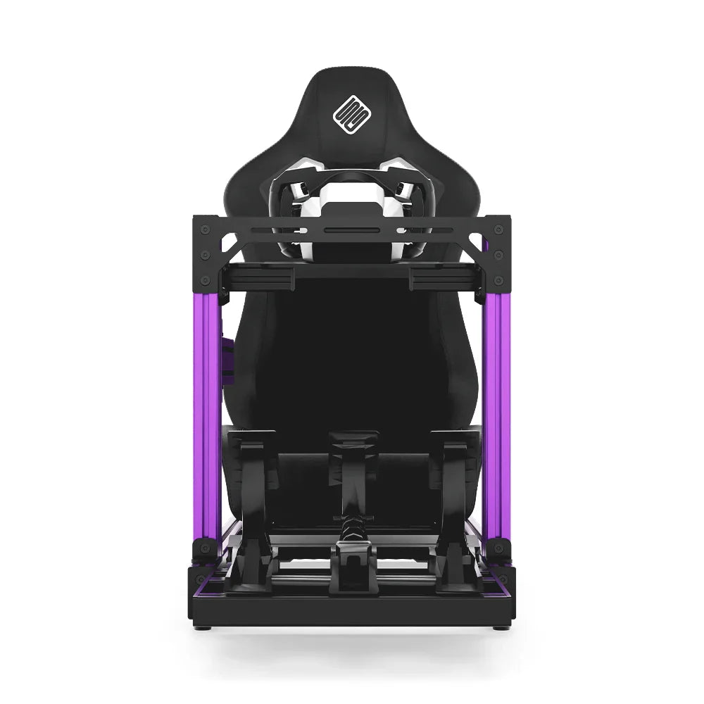 SIMGASM Club purple sim racing cockpit, black reclining seat and MOZA wheel base, straight front studio view