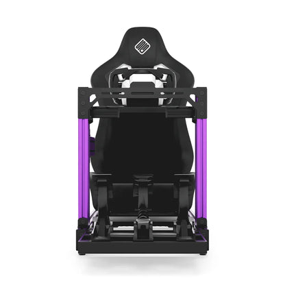 SIMGASM Club purple sim racing cockpit, black reclining seat and MOZA wheel base, straight front studio view