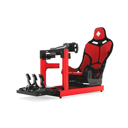 SIMGASM Club red sim racing cockpit, red Formula seat and MOZA wheel base, front three-quarter studio view