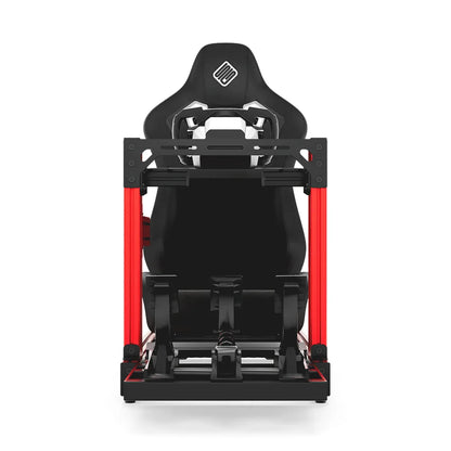 SIMGASM Club red sim racing cockpit, black reclining seat and MOZA wheel base, straight front studio view