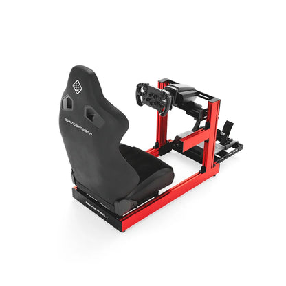 SIMGASM Club red sim racing cockpit, black reclining seat and MOZA wheel base, elevated rear studio view
