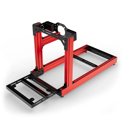 SIMGASM Club red sim racing cockpit, front-mount wheel plate, pedal-end three-quarter studio view