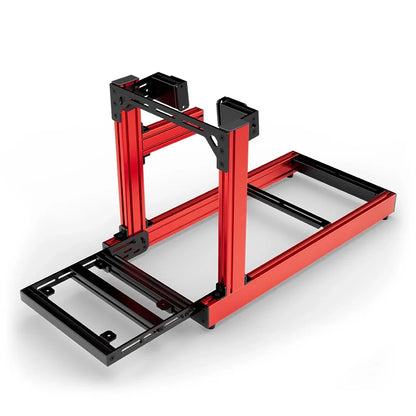 SIMGASM Club red sim racing cockpit, side-mount wheel brackets, pedal-end three-quarter studio view