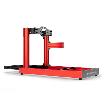 SIMGASM Club red sim racing cockpit, front-mount wheel plate, side-profile studio view