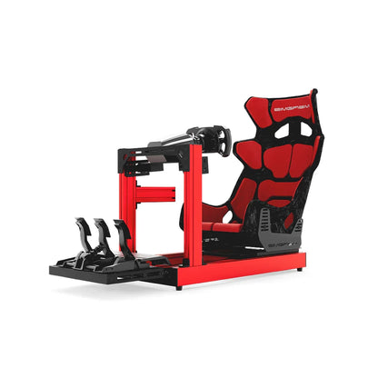 SIMGASM Club red sim racing cockpit, red GT seat and MOZA wheel base, front three-quarter studio view