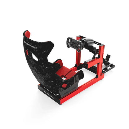 SIMGASM Club red sim racing cockpit, Forged Carbon Look GT seat and MOZA wheel base, elevated rear studio view