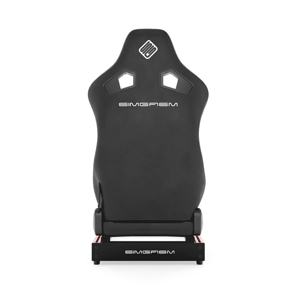 SIMGASM Club red sim racing cockpit, black reclining seat, rear view of seat shell